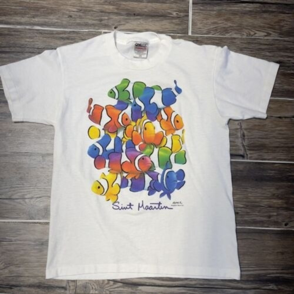 Vintage Clown Fish Art Nature Single Stitch T-Shirt Made In USA Youth L 14/16